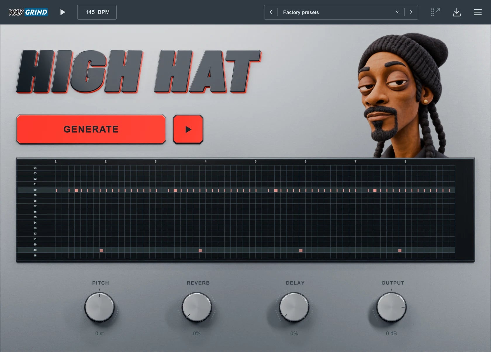 High Hat interface: Generate button, eight-bar pattern grid, animated character, and Pitch, Reverb, Delay and Output knobs.